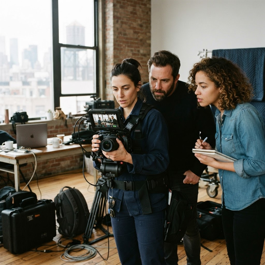 GV3 Media team reviewing footage on a camera monitor in a New York loft studio