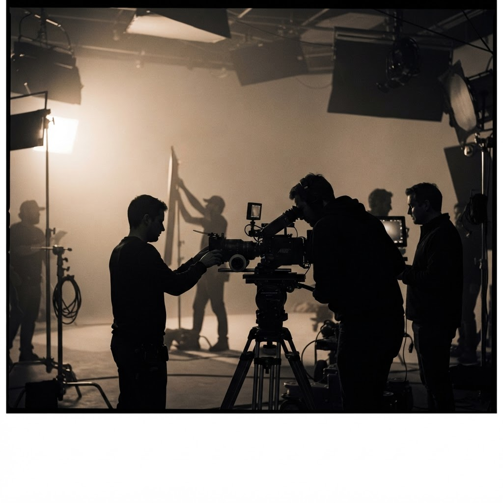 Film still of a cinema camera and crew silhouetted against haze on set