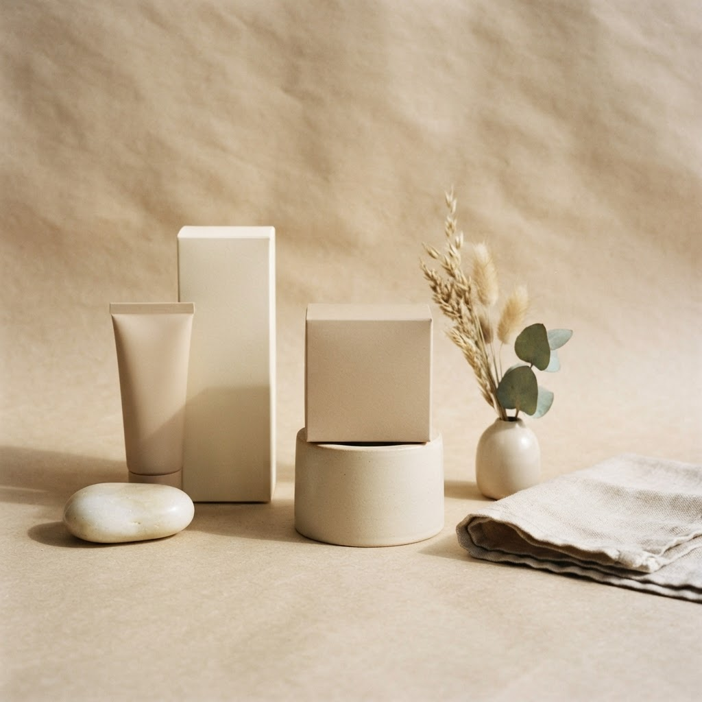 Minimal unbranded packaging styled on a beige paper backdrop
