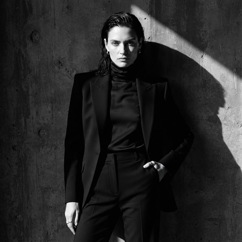 Black and white fashion portrait of a model against a concrete wall