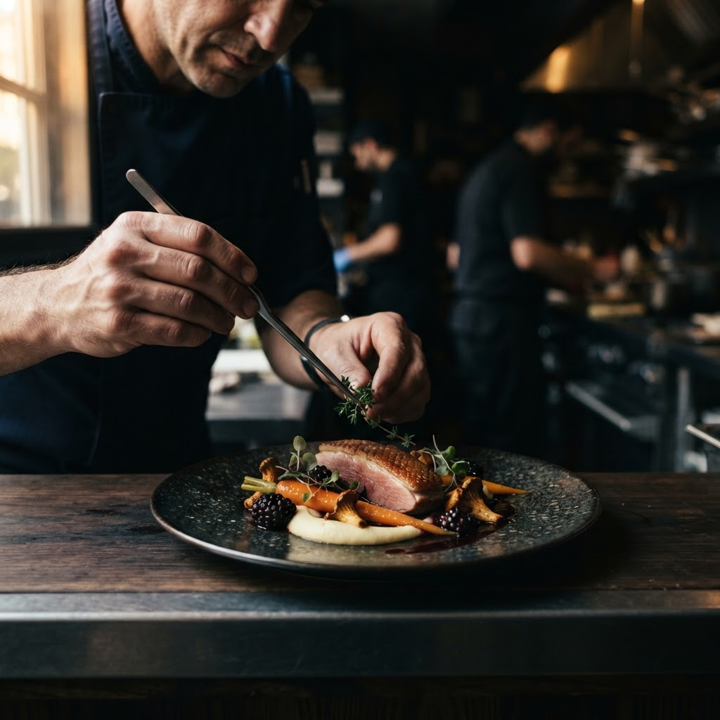 Chef finishing a plated dish under dramatic side lighting