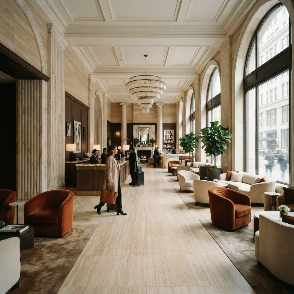 Luxury boutique hotel lobby with marble surfaces and soft daylight