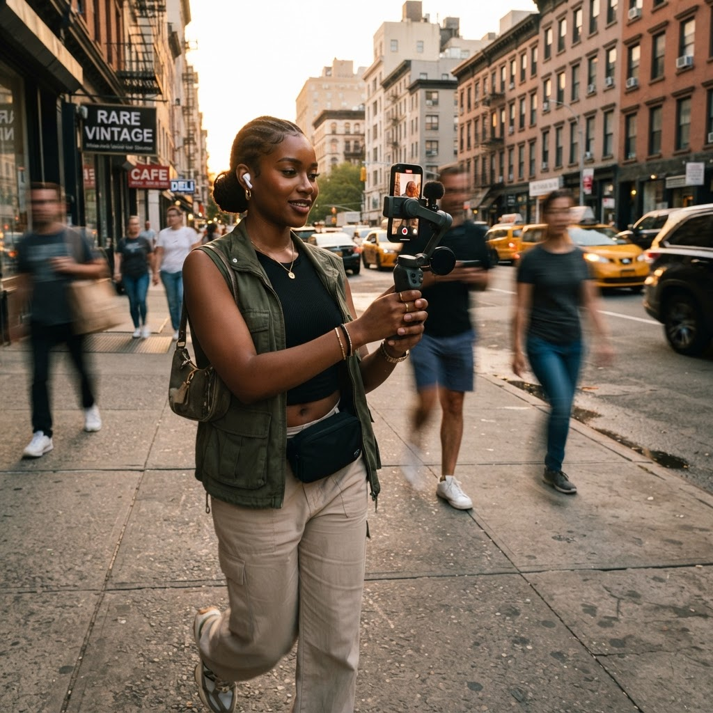 Creator filming a reel with a phone gimbal on a New York sidewalk