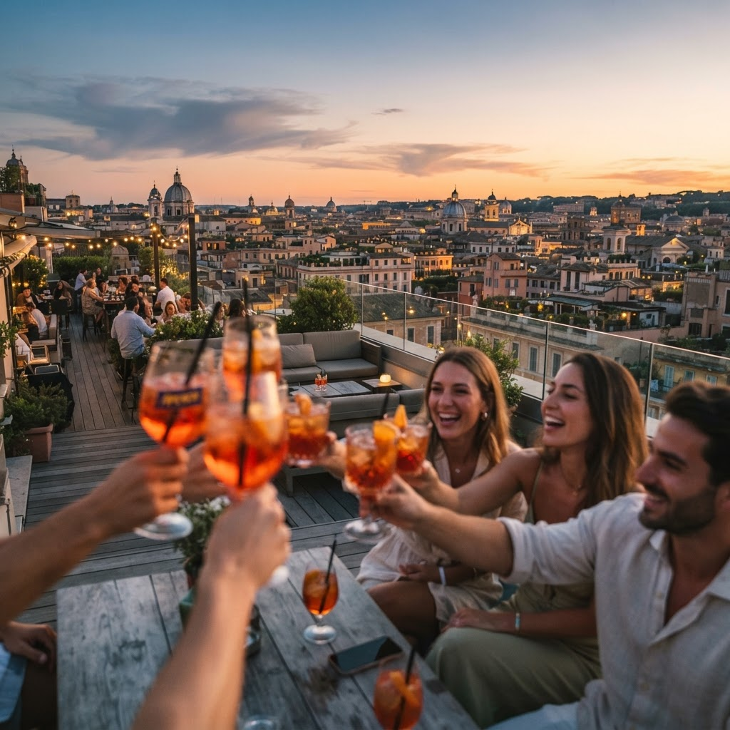 Rooftop terrace overlooking a city skyline at sunset